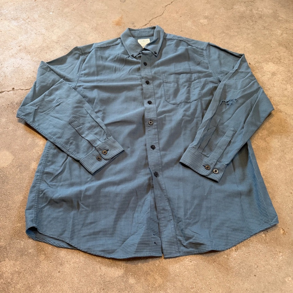 LL Bean Button Down Shirt Mens Large Blue Houndstooth Cotton 298276 Long Sleeve